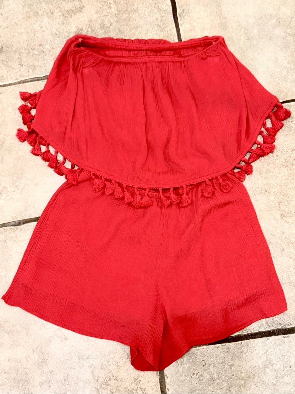 Orange-Red Tassel-Trim Women’s Shorts Romper